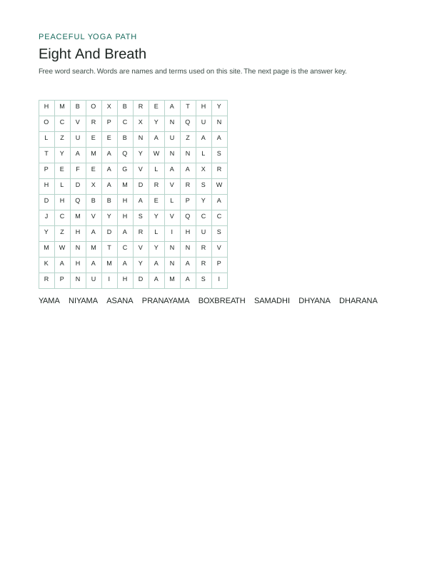 First page of the Eight And Breath word search