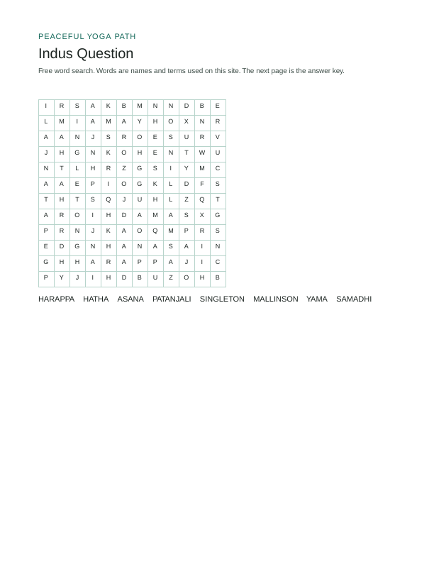 First page of the Indus Question word search